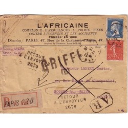 PASTEUR - 1F + 50c SEMEUSE - LETTRE RECOMMANDEE AVEC AR + GRIFFE B + RETOUR ENVOYEUR 2670 DE PARIS