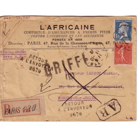 PASTEUR - 1F + 50c SEMEUSE - LETTRE RECOMMANDEE AVEC AR + GRIFFE B + RETOUR ENVOYEUR 2670 DE PARIS