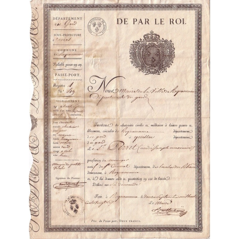 GARD - ROQUEMAURE - SOUS PREFECTURE D'UZES - PASSEPORT DE PAR LE ROI EN 1828.