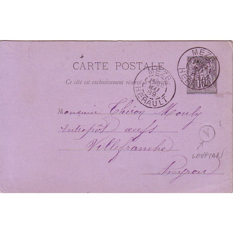 HERAULT - MEZE - 28 MAI 1889 - BOITE RURALE A DE LOUPIAN SUR ENTIER POSTAL TYPE SAGE.