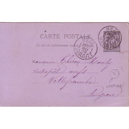 HERAULT - MEZE - 28 MAI 1889 - BOITE RURALE A DE LOUPIAN SUR ENTIER POSTAL TYPE SAGE.