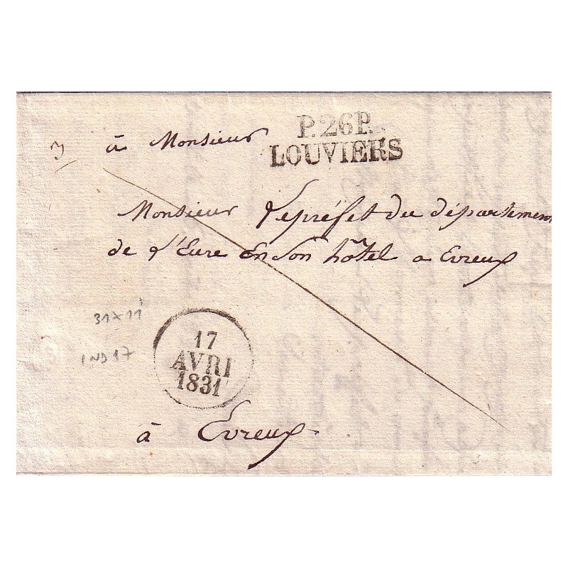 EURE - P.26.P. LOUVIERS - DATEUR DU 17 AVRIL 1831  - LETTRE AVEC TEXTE.