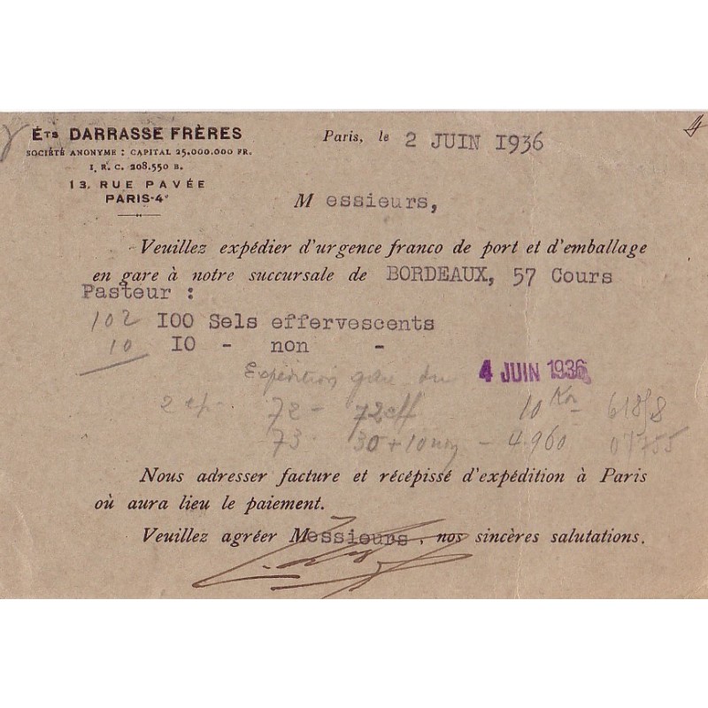 PAIX - ENTIER POSTAL 40c REPIQUAGE PRIVEE "ETS DARRASSE FRERES 13 RUE PAVEE PARIS 4o"