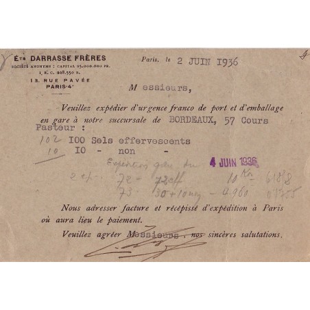 PAIX - ENTIER POSTAL 40c REPIQUAGE PRIVEE "ETS DARRASSE FRERES 13 RUE PAVEE PARIS 4o"