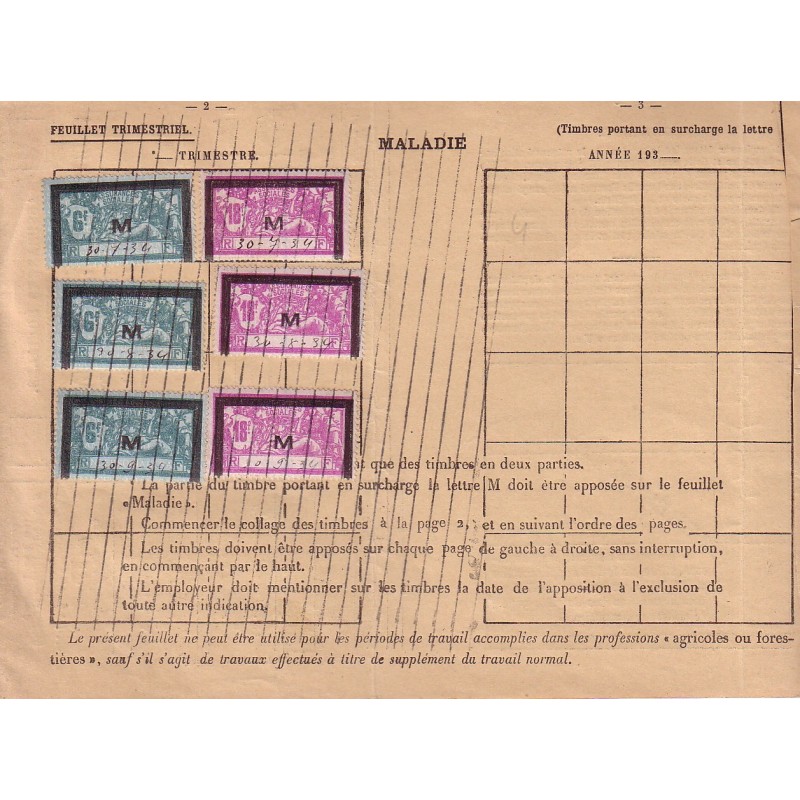 MERSON - 18f+6f-TIMBRES DE SECURITE SOCIALE-ANNEE1934.