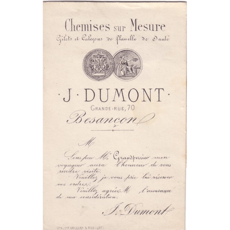 DOUBS - BESANCON - J.DUMONT - CHEMISE SUR MESURE 70 GRAND RUE - 1C SAGE SUR CARTE DE VISITE.