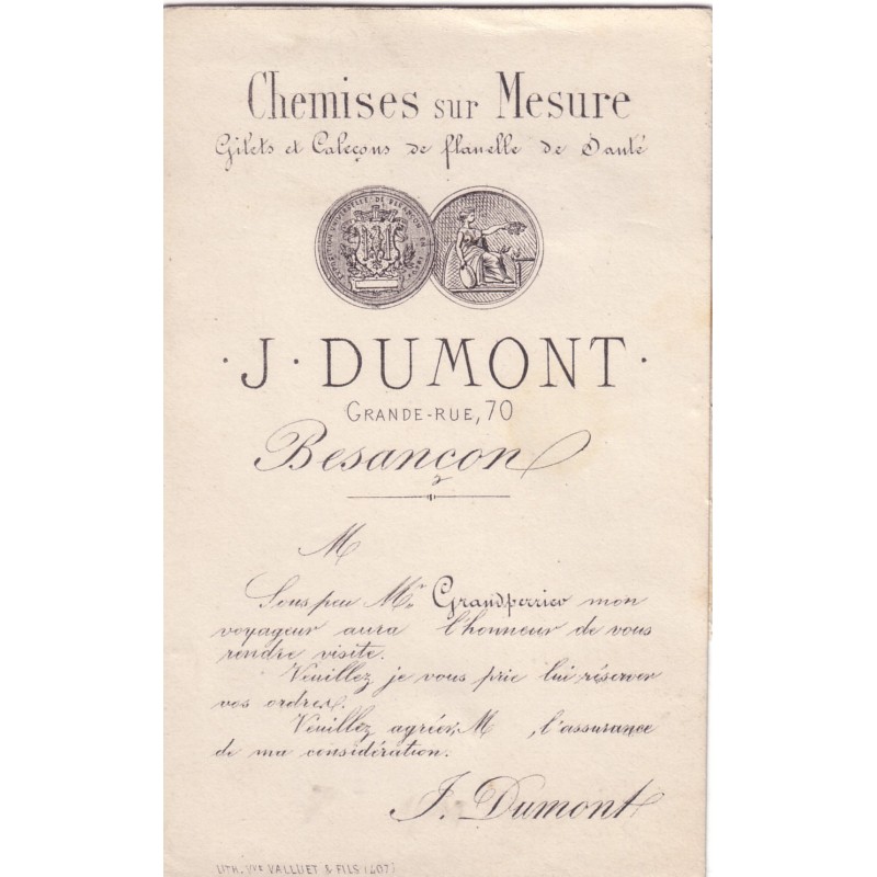 DOUBS - BESANCON - J.DUMONT - CHEMISE SUR MESURE 70 GRAND RUE - 1C SAGE SUR CARTE DE VISITE.