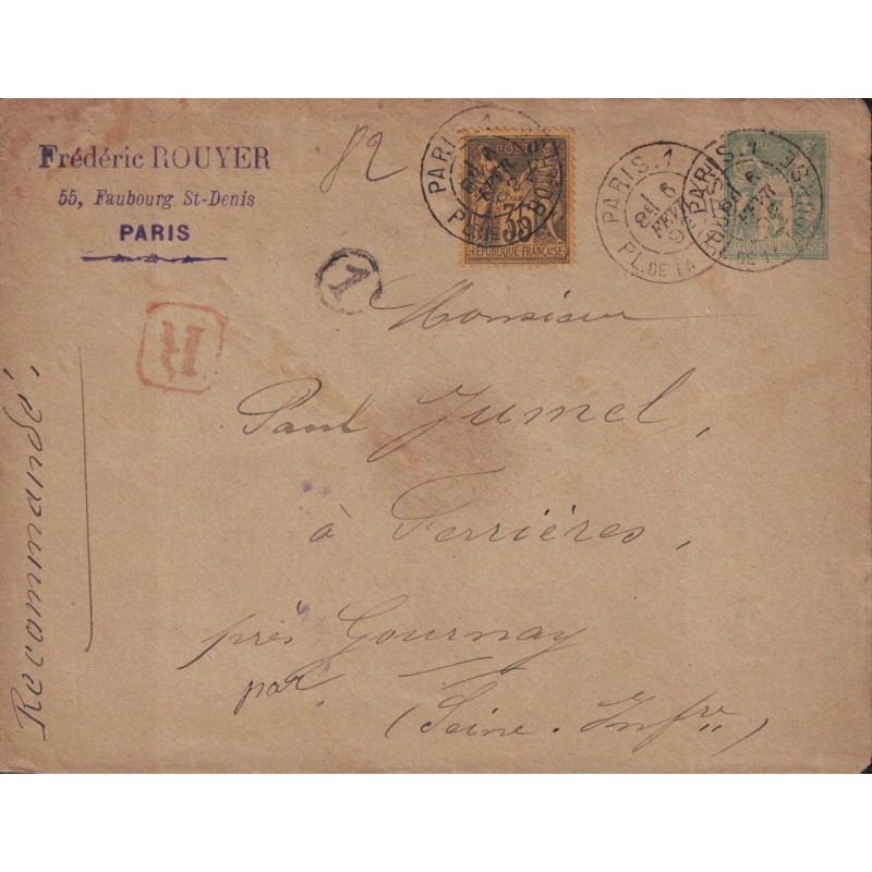 PARIS 1 - PL DE LA BOURSE  - ENTIER POSTAL 5c RECOMMANDEE AVEC No93 - 6 FEVRIER 1892.