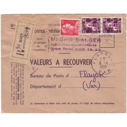 ALGERIE - MULLER SUR ENVELOPPE RECOMMANDEE VALEUR A RECOUVRER LE 8-4-1958.
