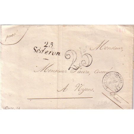 DROME - 25 SEDERON - CURSIVE + T15 BUIS-LES-BARONNIES LE 15-7-1852 + TAXE 25 DOUBLE TRAIT.