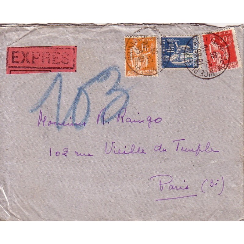 TYPE PAIX - AFFRANCHISSEMENT TRICOLORE A 3f - PNEUMATIQUE EXPRES - NICE 24-10-1935