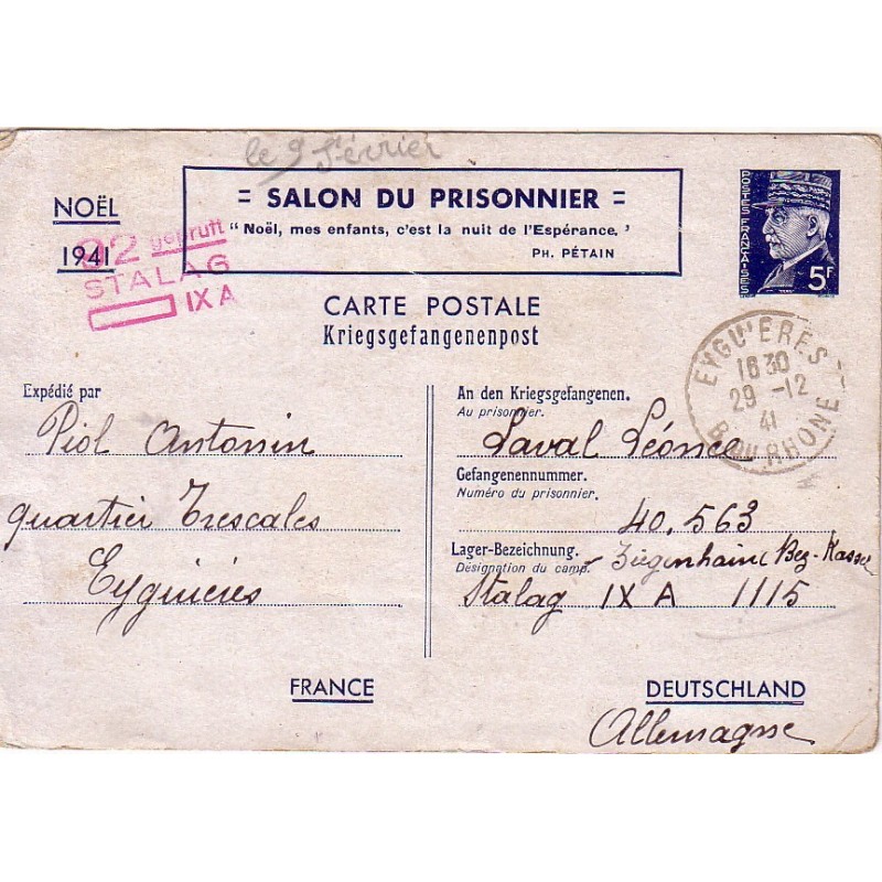 PETAIN - 5F - NOEL 1941 - SALON DU PRISONNIER - DU STALAG IX A - POUR EYGUIERES.