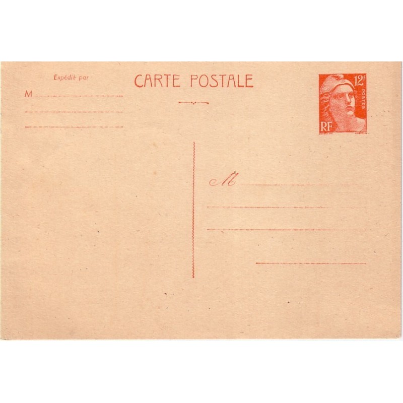 GANDON - ENTIER CARTE POSTALE 12 F ORANGE - COTE 18€..