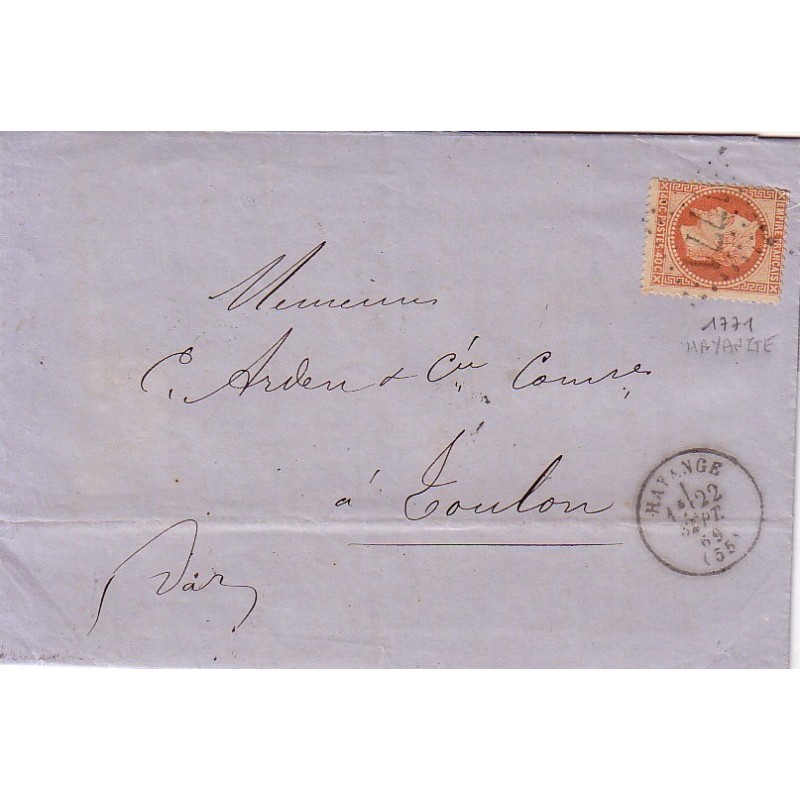 MOSELLE - HAYANGE - No31 OBL.GC1771 SEUL SUR LETTRE POUR TOULON.