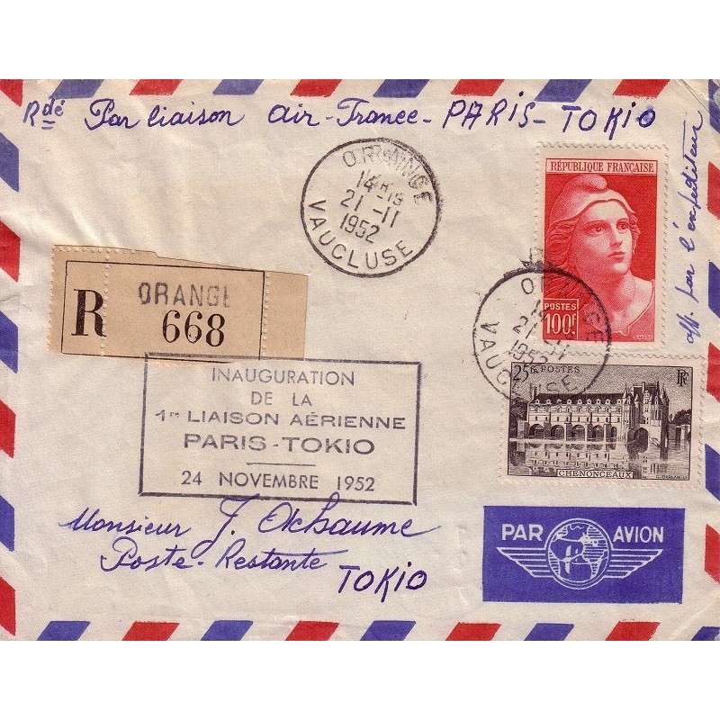 GANDON - 100F SUR LETTRE RECOMMANDEE DE ORANGE VAUCLUSE LE 21-11-1952 - INAUGURATION DE LA LIGNE PARIS TOKIO.