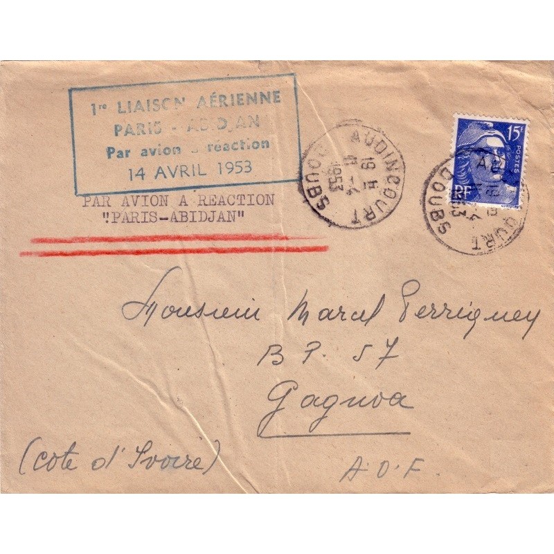 GANDON - 1er LIAISON AERIENNE-PARIS ABIDJAN PAR AVION REACTION 14-4-1953 - LETTRE AVEC 15F GANDON.