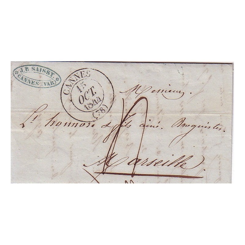 ALPES MARITIMES - CANNES - (Var à cette époque) - T13 DU 15-10-1844 - TAXE 4 POUR MARSEILLE.