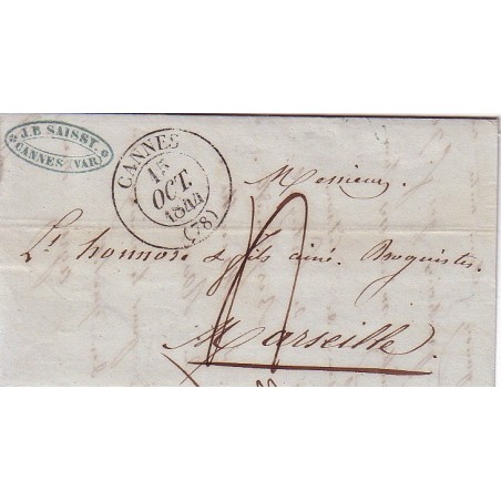 ALPES MARITIMES - CANNES - (Var à cette époque) - T13 DU 15-10-1844 - TAXE 4 POUR MARSEILLE.