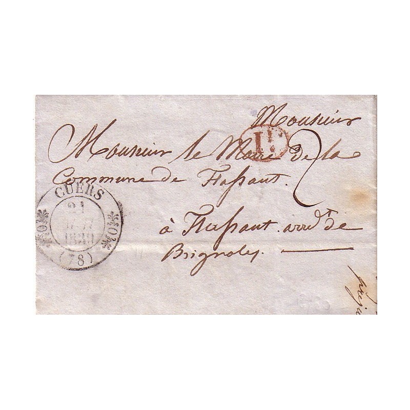 VAR - CUERS - T11 - LE 21-5-1839 - LETTRE ENTETE DE LA MAIRIE AVEC CACHET AU VERSO ET SIGNATURE DU MAIRE.