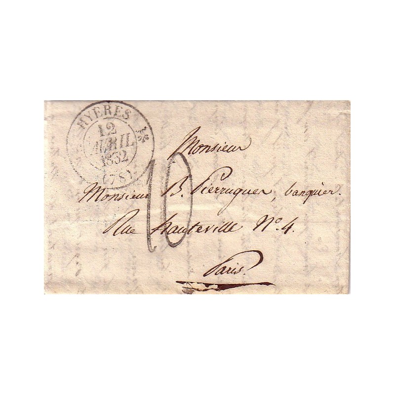 VAR - HYERES - T12-4-1832 - TAXE 10 - LETTRE AVEC TEXTE POUR PARIS.