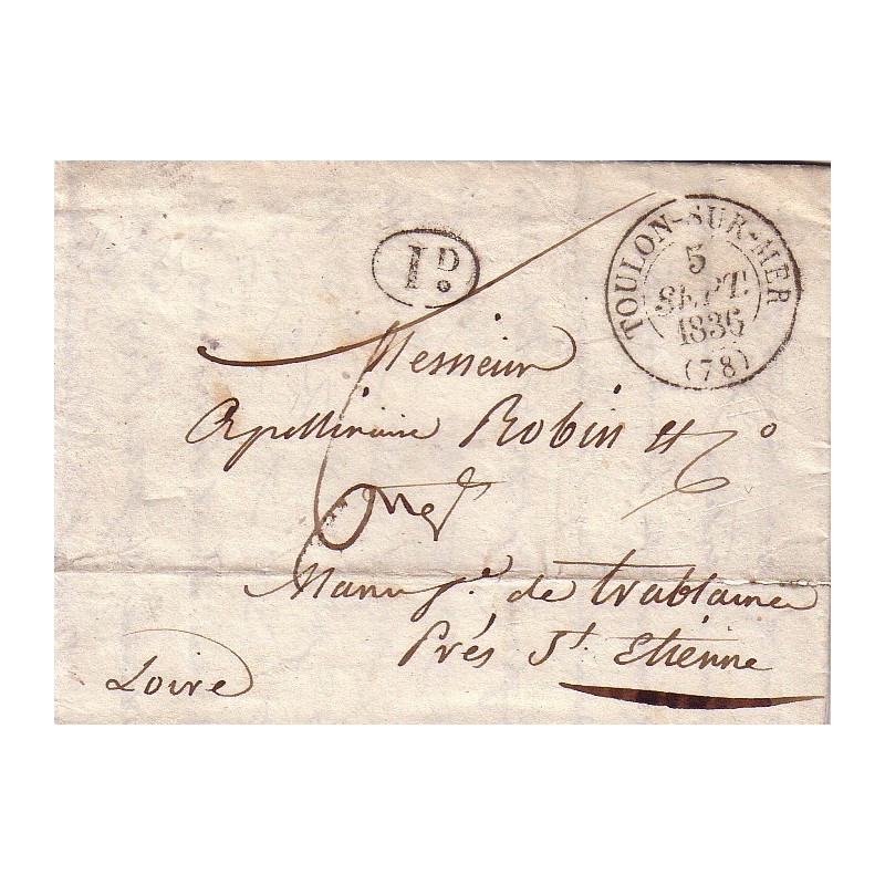 VAR - TOULON - T13 - LE 5-9-1836 - DECIME NOIR - TAXE 6 MANUSCRITE AVEC TEXTE.