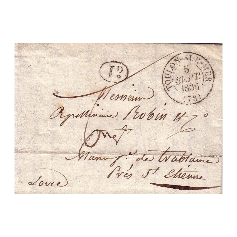 VAR - TOULON - T13 - LE 5-9-1836 - DECIME NOIR - TAXE 6 MANUSCRITE AVEC TEXTE.