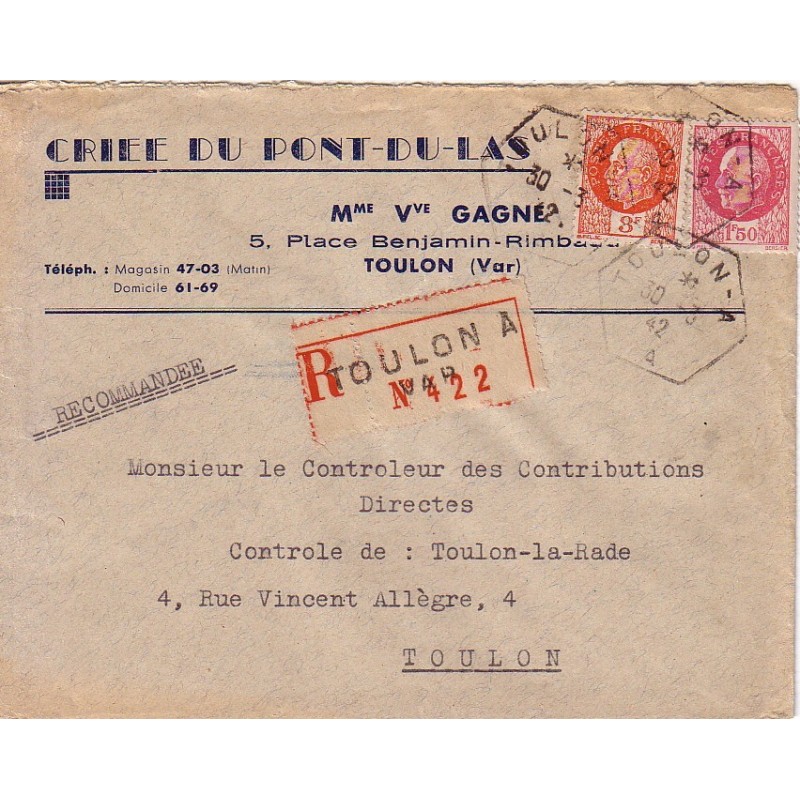 PETAIN - 1F50 + 3F SUR LETTRE RECOMMANDEE ENTETE - RECETTE AUXILIAIRE - TOULON A LE 30-3-1942.