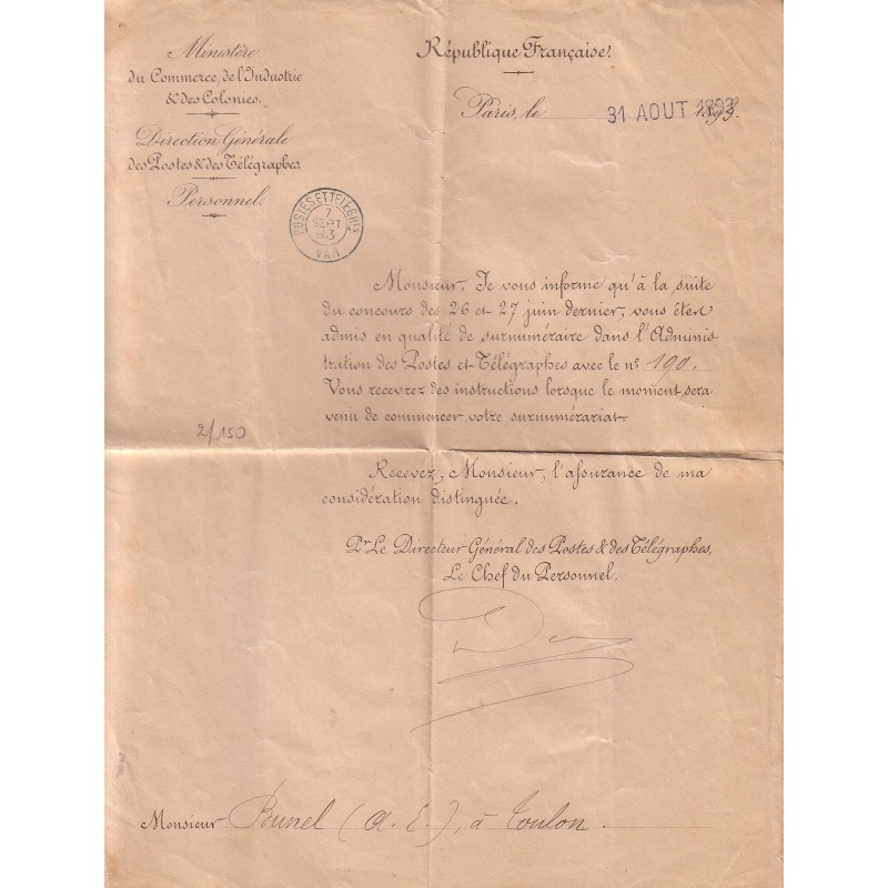 VAR - POSTES ET TELEGRes LE 7 SEPTEMBRE 1893 (EN BLEU) - LETTRE DU MINISTERE DU COMMERCE DE L'INDUSTRIE DIRECTION DES POSTES.