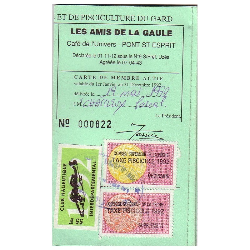 PERMIS DE PECHE-AVEC TIMBRES FISCAL -EN 1992 - PERMIS COMPLET DE PONT ST ESPRIT GARD.