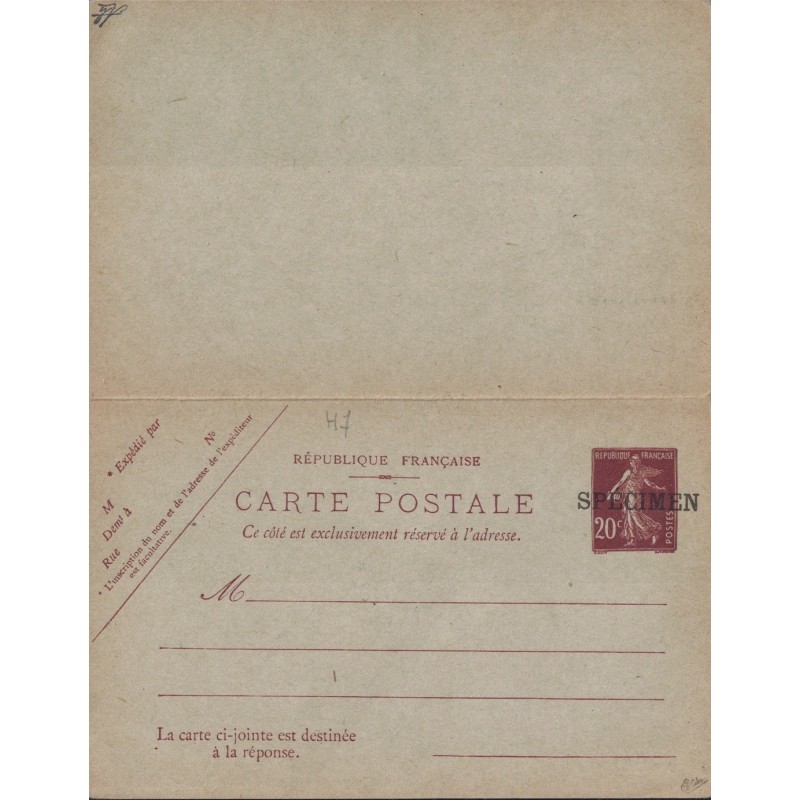 SEMEUSE - CARTE POSTALE - 20c BRUN - SURCHARGE SPECIMEN - CARTE POSTALE AVEC REPONSE - SIGNE CALVES - COTE 85€.