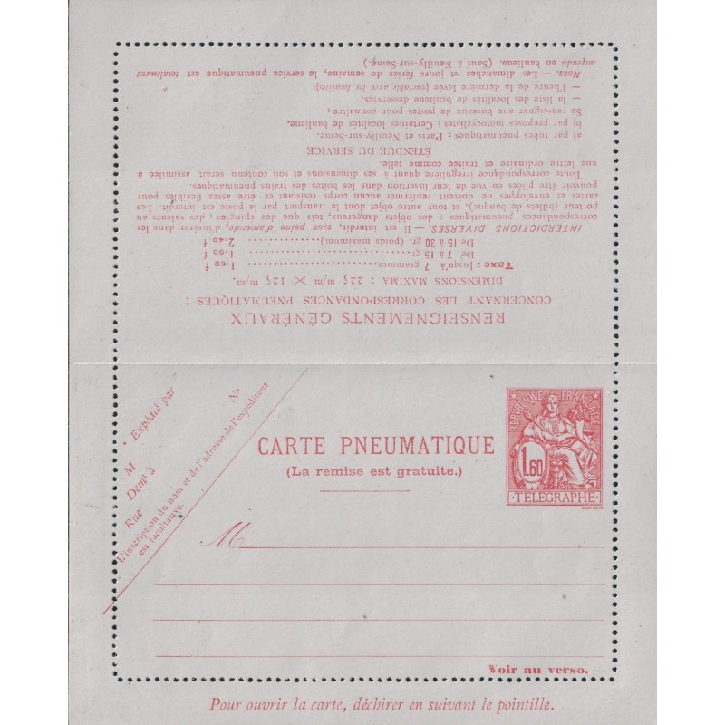 CHAPLAIN - CARTE PNEUMATIQUE -1F60 - PAPIER GRIS BLEU - DIMENSION MAXIMA FORMAT 155x125 - COTE 25€.