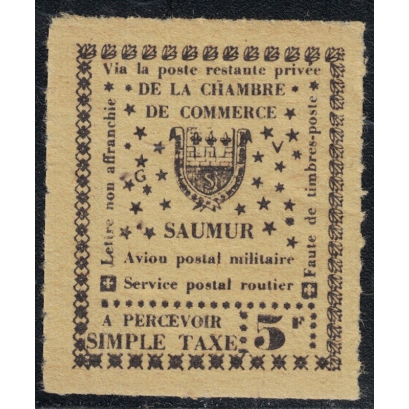 TIMBRE DE GREVE - No04 - MAURY - SAUMUR - 5F NOIR SUR JAUNE - COTE 25€.