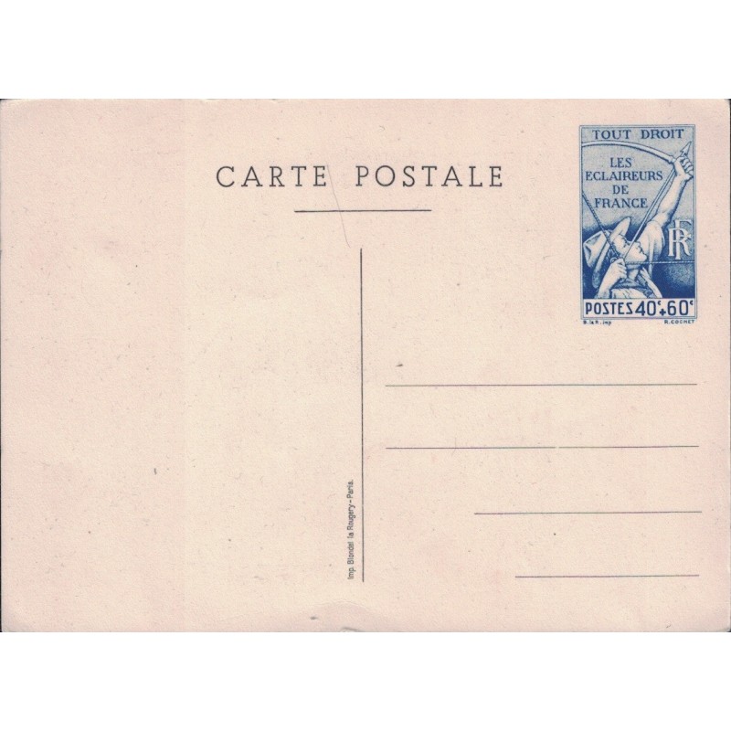 ECLAIREURS DE FRANCE - CARTE POSTALE ILLUSTREE - 40c+60c BLEU - NEUVE - COTE 60€.