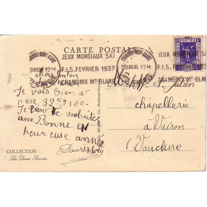 HAUTE SAVOIE - CHAMONIX PORT BLANC - OMEC JEUX MONDIAUX SKI/F.S.I. FEVRIER 1937/CHAMONIX MONT BLANC.