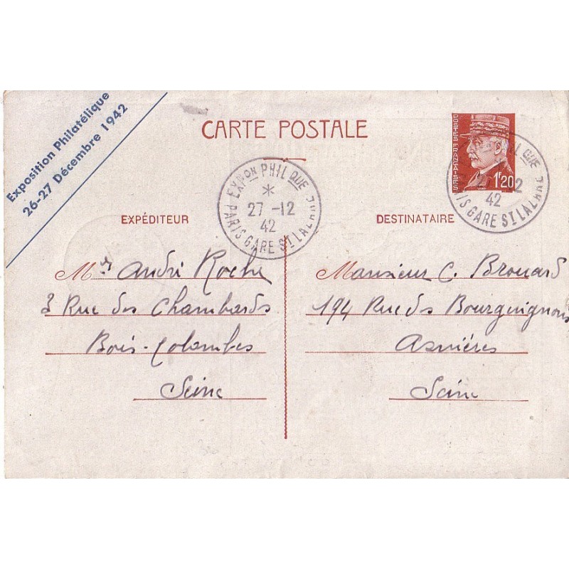 PETAIN - ENTIER POSTAL 1F20 - REPIQUAGE EXPOSITION PHILATELIQUE 26-27 DECEMBRE 1942.