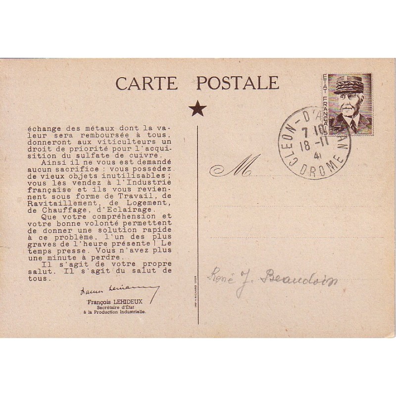 PETAIN - CARTES DES METAUX NON FERREUX - CLEON D'ANDRAN DROME 18-1-1941.