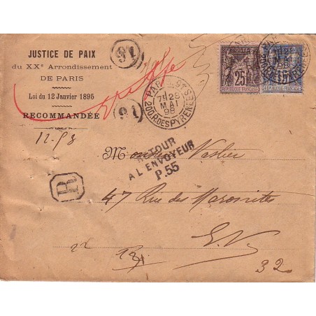 PARIS 91 - 200 R.DES PYRENEES - SAGE 25c+15c - RETOUR A L'ENVOYEUR P.55 - LETTRE RECOMMANDEE.