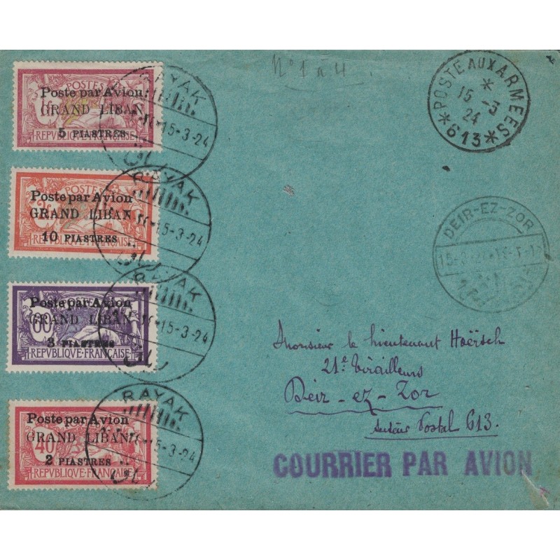 GRAND LIBAN - PA 1 A 4 SUR LETTRE DE RAYAK POUR DEIR-EZ-ZOR - POSTE AUX ARMEES *613* DE DEIR-EZ-ZOR LE 15-3-1924.