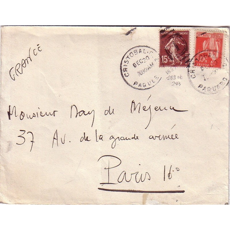 SEMEUSE - TYPE PAIX - CACHET DUPLEIX CRISTOBAL CZ PAQUEBOT - LETTRE DE PANAMA. SEMEUSE - TYPE PAIX - CACHET DUPLEIX CRISTOBAL CZ PAQUEBOT - LETTRE DE PANAMA.