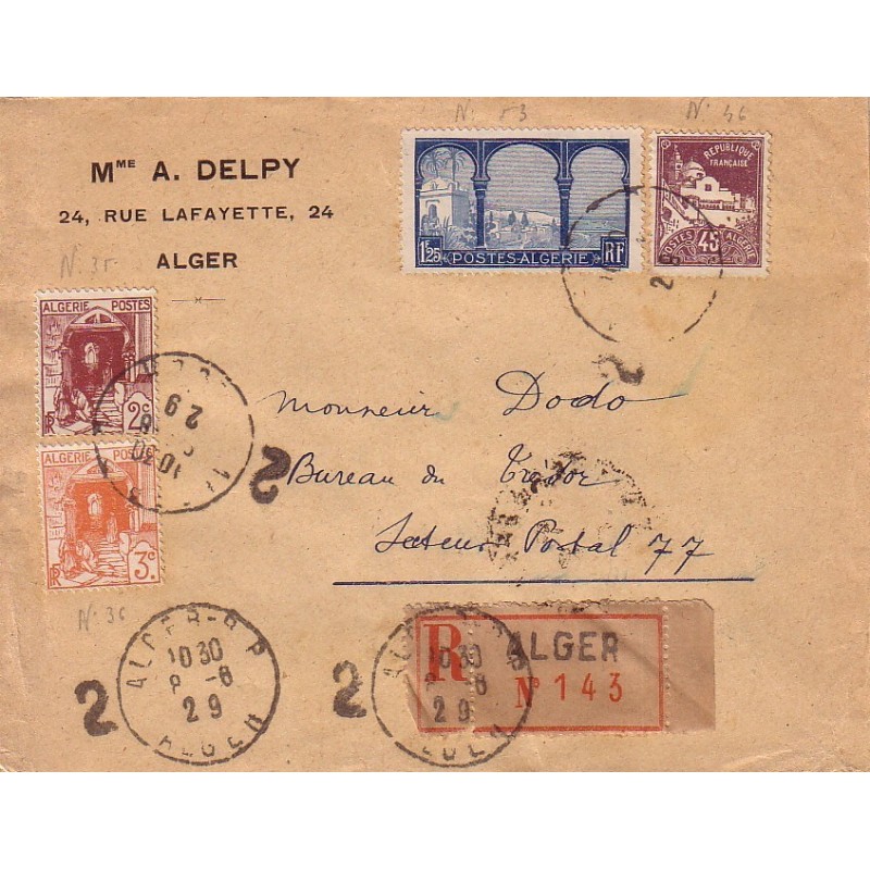 ALGERIE - ALGER RP - GRAND CHIFFE 2 DU NUMERO DE L'AGENT DE SERVICE - LETTRE RECOMMANDEE POUR SECTEUR POSTAL 77.