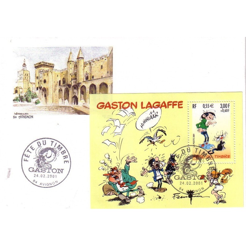 JOURNEE DU TIMBRE 2001 - AVIGNON - VAUCLUSE - BLOC GASTON LAGAFFE - ENVELOPPE PALAIS DES PAPES.