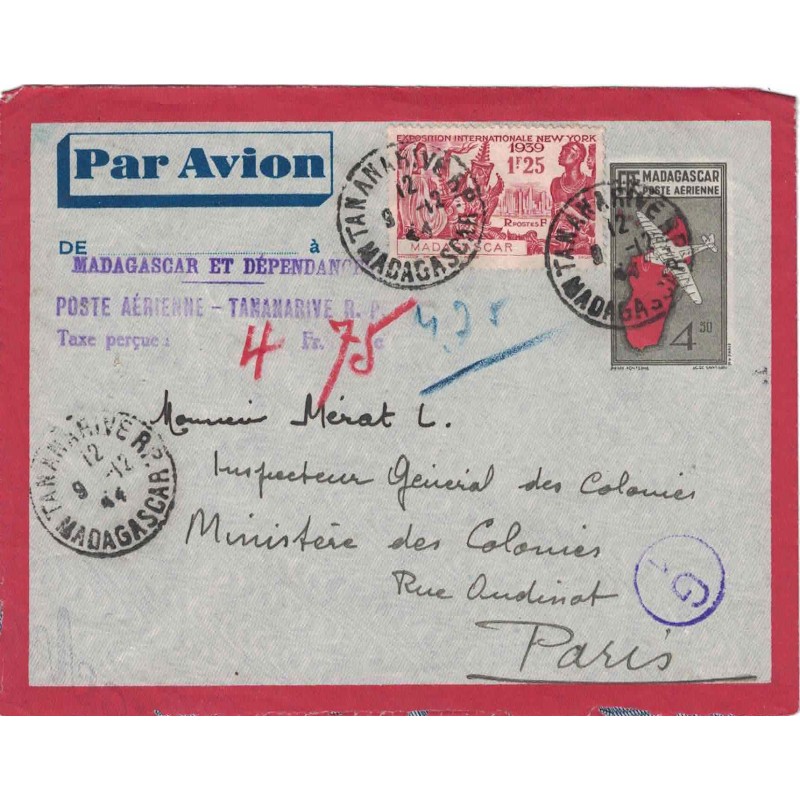 MADAGASCAR - TANANARIVE ENTIER POSTAL + GRIFFE POSTE AERIENNE TAXE PERCUE 4F75