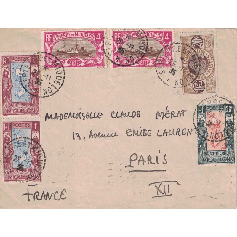 ST PIERRE ET MIQUELON - BEL AFFRANCHISSEMENT POUR PARIS LE 25-11-1935