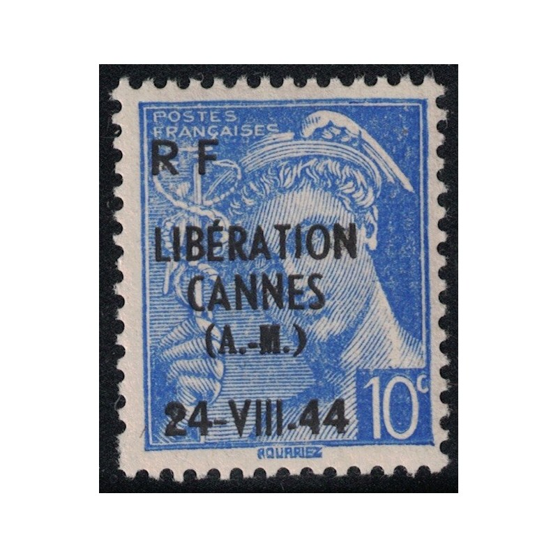 LIBERATION - ALPES MARITIMES - CANNES - 10c MERCURE - SURCHARGE LIBERATION CANNES 24 VII 44 - NEUF SANS TRACE DE CHARNIERE.