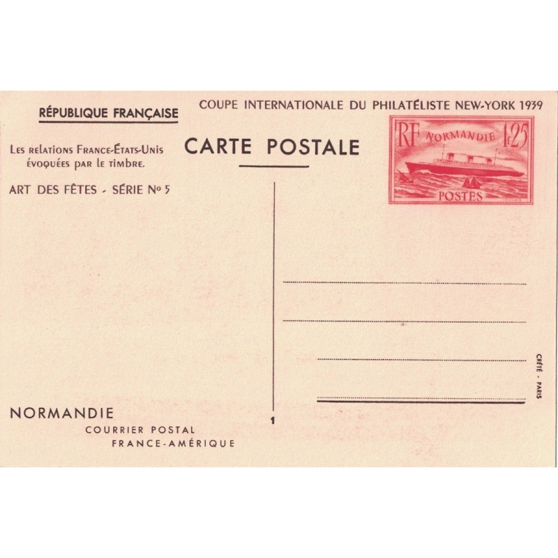 NORMANDIE - COURRIER POSTAL FRANCE AMERIQUE - ENTIER POSTAL NEUF -AVEC REPIQUAGE COUPE INTERNATIONALE  - COTE 23.50€.