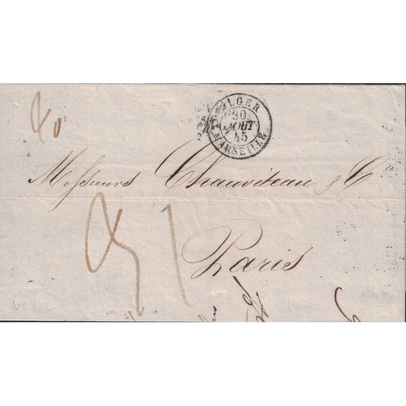 ALGER MARSEILLE - CACHET D'ENTREE TYPE 15 - DU 30-08-1845.