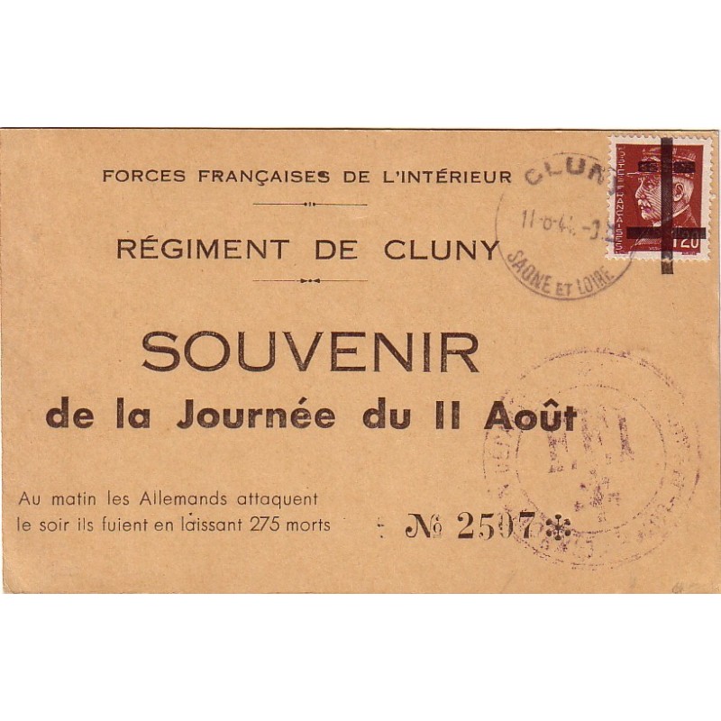 LIBERATION - CLUNY - SAONE ET LOIRE - LE 11-8-1944 - CARTE DU REGIMENT DE CLUNY - FFI.