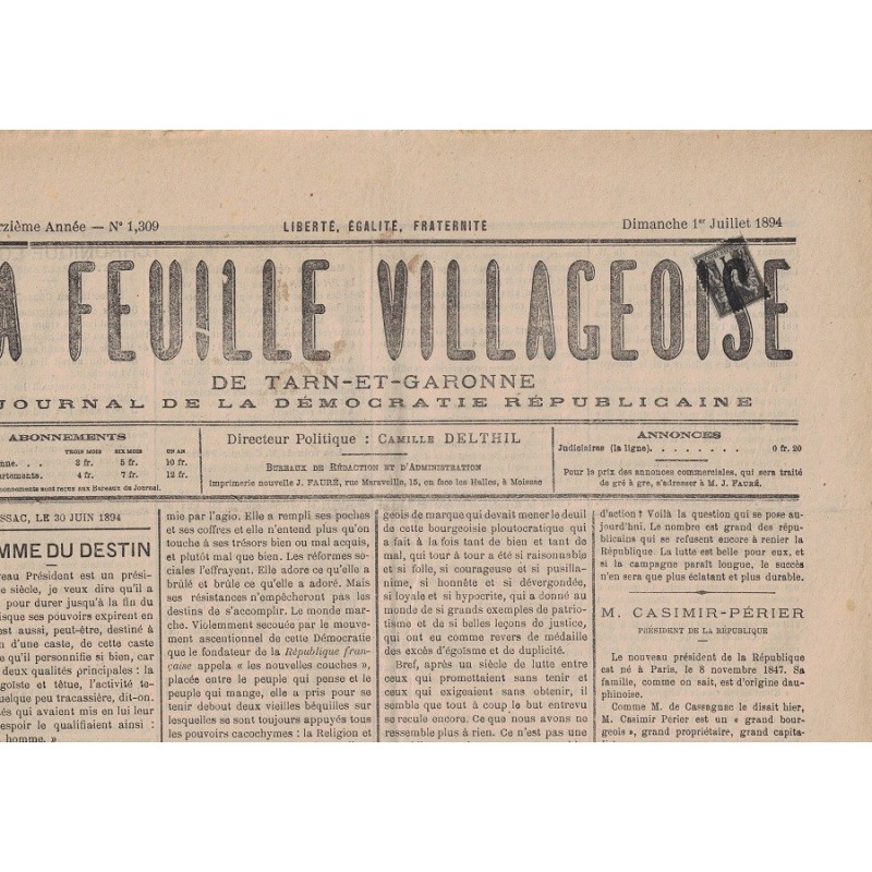 TARN ET GARONNE - SAGE 1c - ANNULATION TYPO SUR JOURNAL COMPLET DU 1-7-1894.