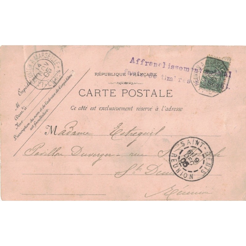 MADAGASCAR - MOITIE DE SEMEUSE - GRIFFE SPECIALE "AFFRANCHISSEMENT SPECIAL FAUTE DE TIMBRES" - CACHET PAQUEBOT - 14-11-1905.