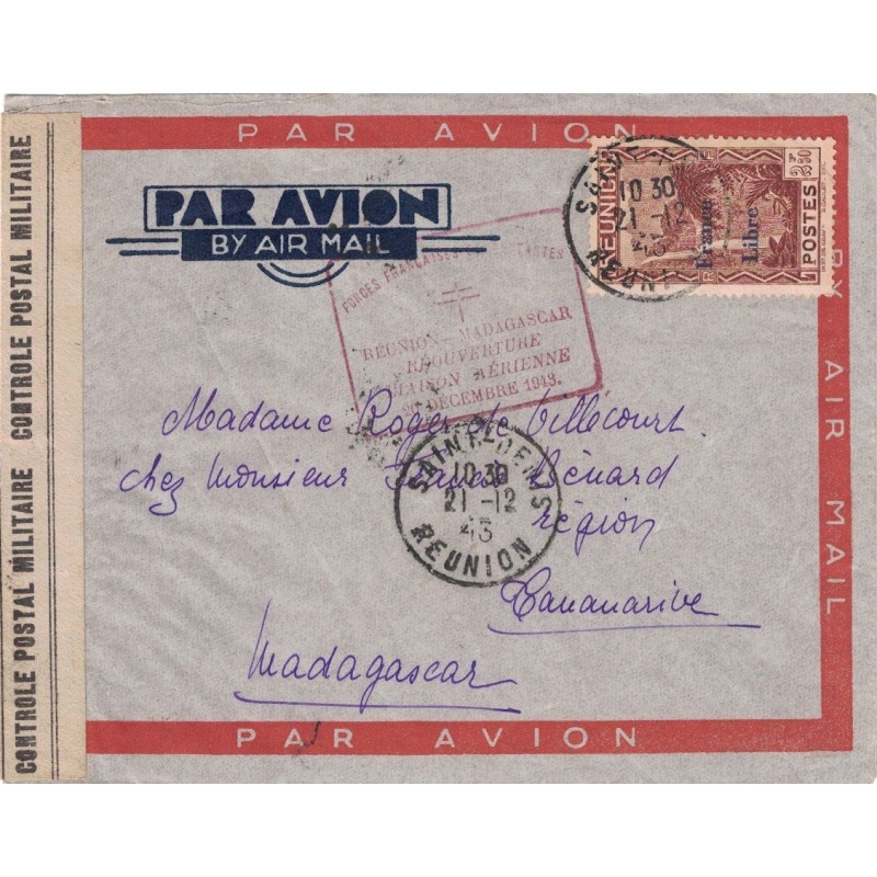 REUNION - FRANCE LIBRE - ST DENIS - FORCES FRANCAISES COMBATTANTES - REUNION-MADAGASCAR REOUVERTURE LIAISON AREIENNE 1943.